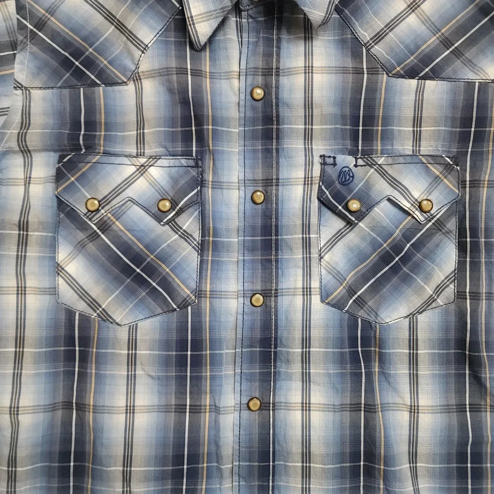 Wrangler Pearl Snap Blue Plaid American Cowboys Mens M Short Sleeve‎ Western